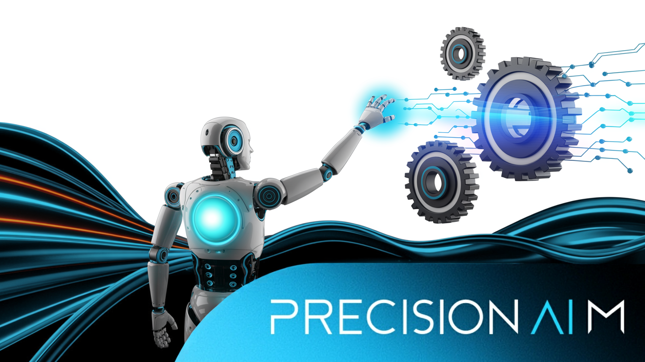 Sleek robot with a glowing blue core reaching toward floating gears and digital nodes, surrounded by radiant circuits.