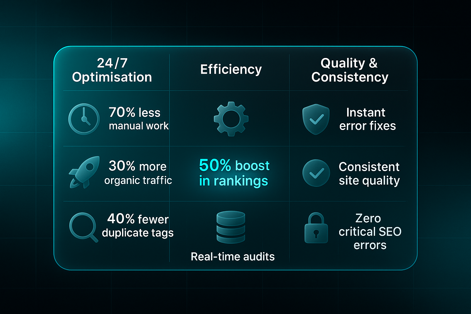 Infographic with a glassmorphic matrix showing icons and stats for optimization, efficiency, and quality across time, traffic, and errors