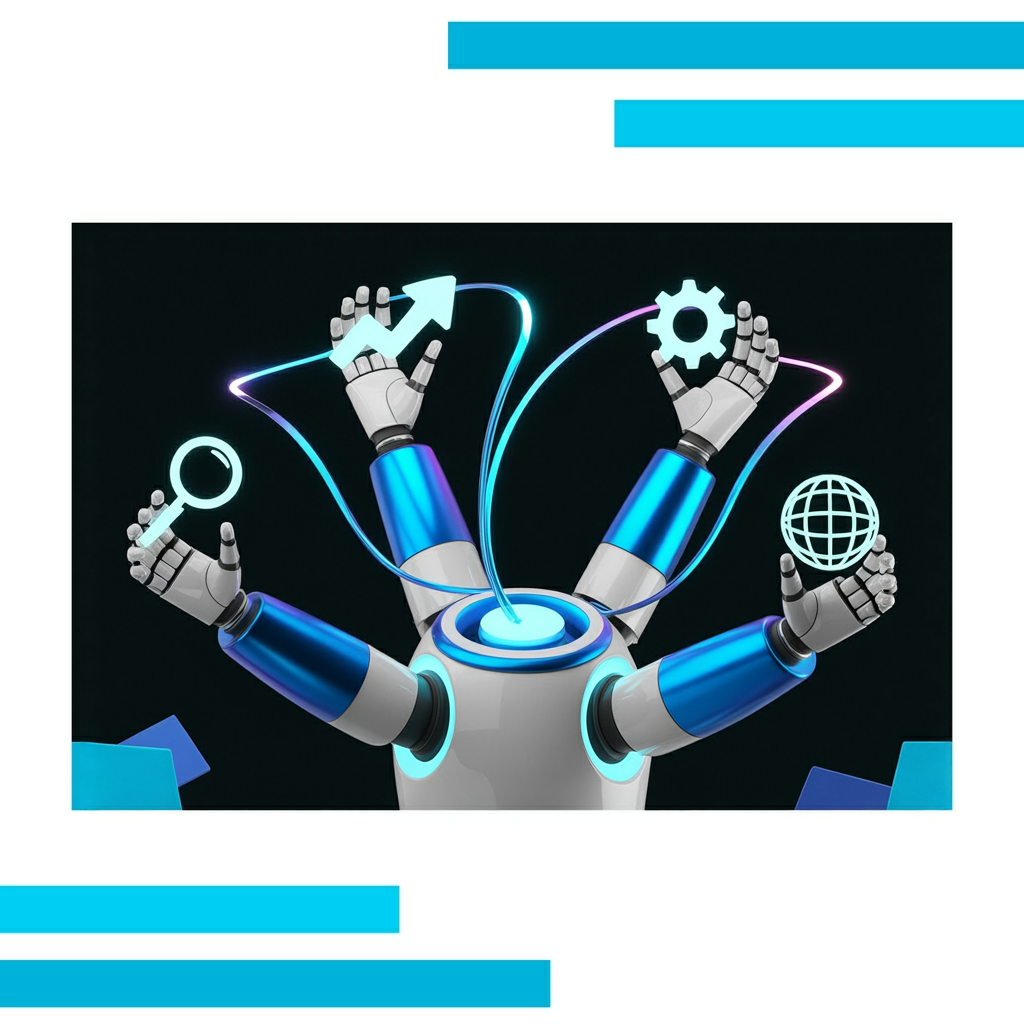 Four metallic and blue robotic arms hold glowing icons—a magnifying glass, arrow, gear, and globe—connected by electric blue lines.