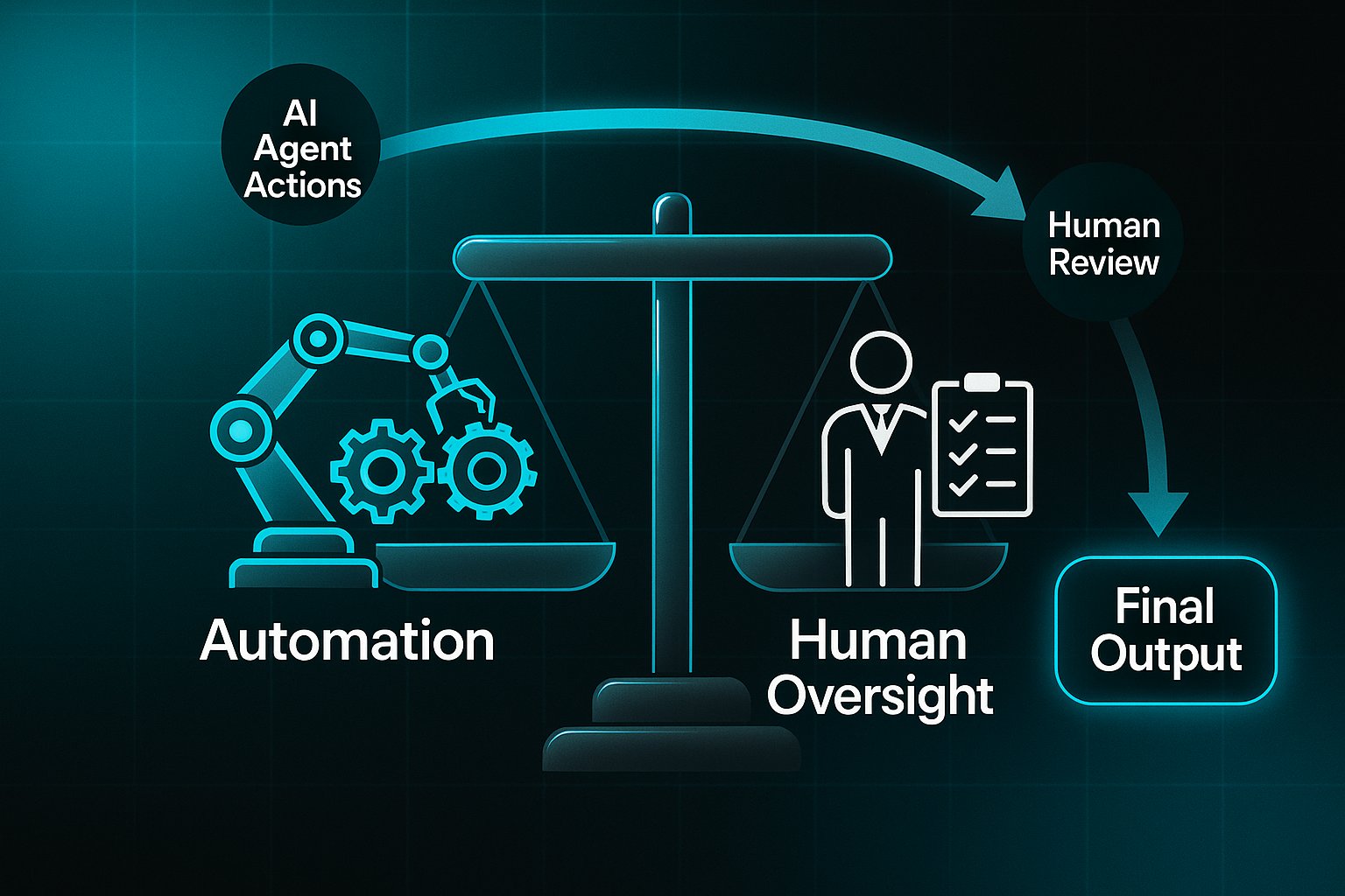 Infographic showing a glowing balance scale with a robotic arm labeled 'Automation' and a human figure labeled 'Human Oversight', connected by a curved arrow with labeled nodes and a highlighted 'Final Output' box.