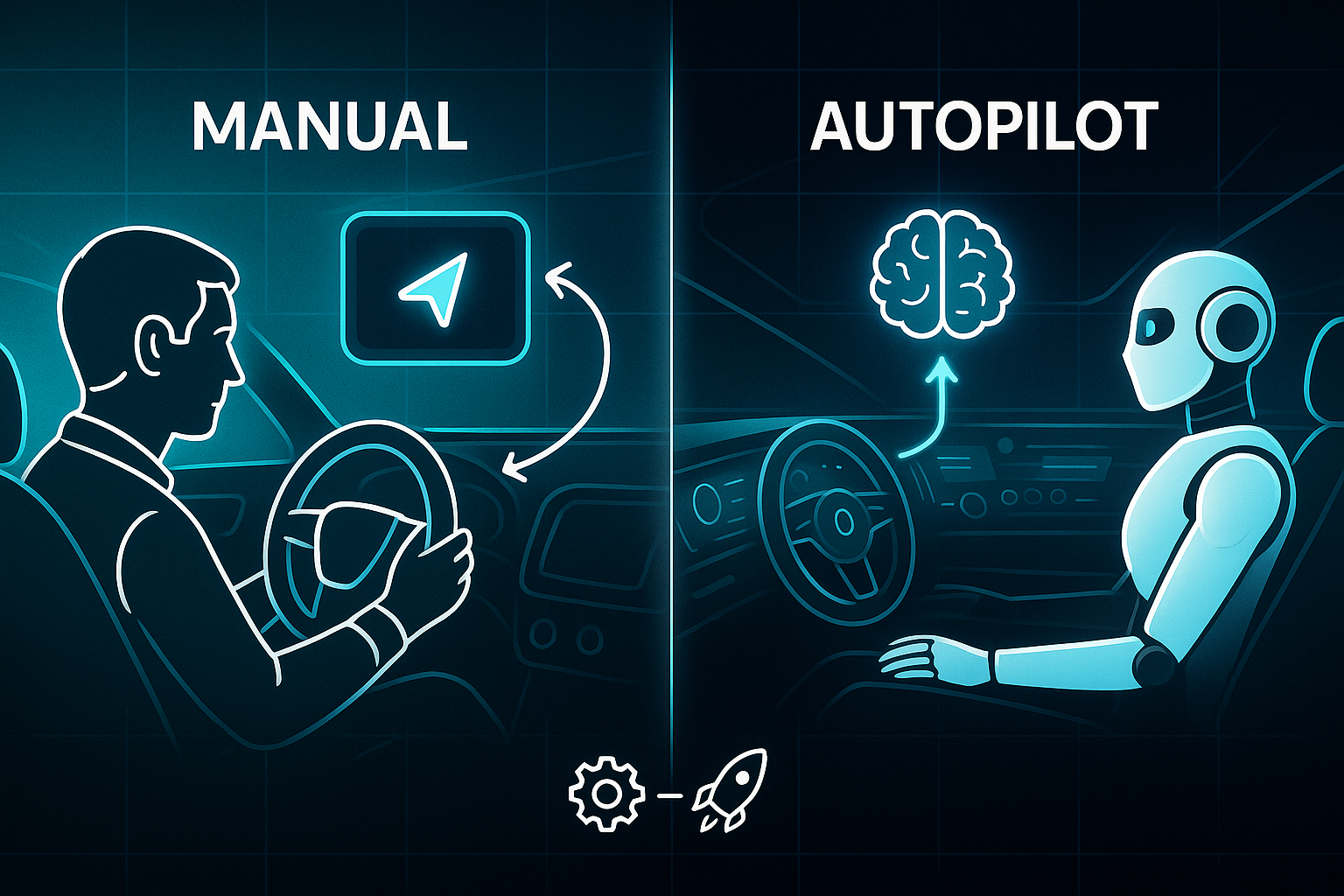 Infographic comparing manual driving with a person using a sat nav and autopilot with an AI robot in a futuristic car cockpit.
