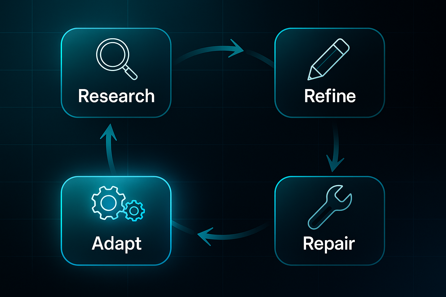 Infographic showing a circular flow with Research, Refine, Repair, and Adapt icons connected by glowing arrows on a dark tech background