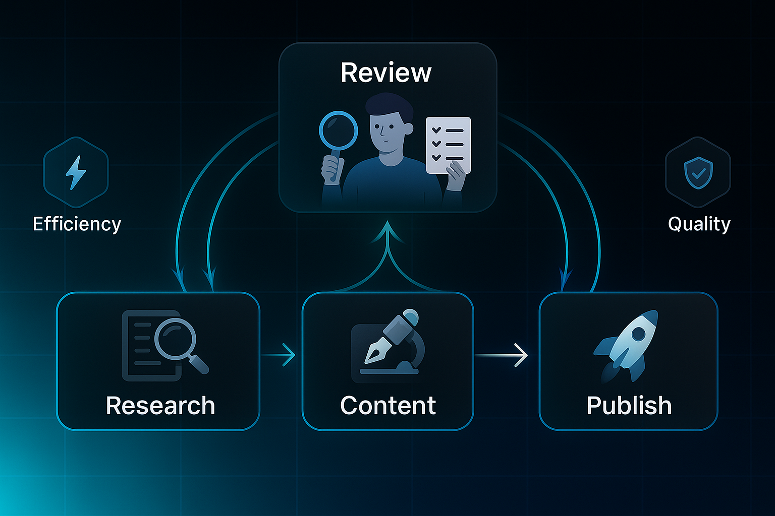 Infographic showing a four-step process: Research, Content, Fixes, and Review, ending with Publish, using icons and glowing arrows.
