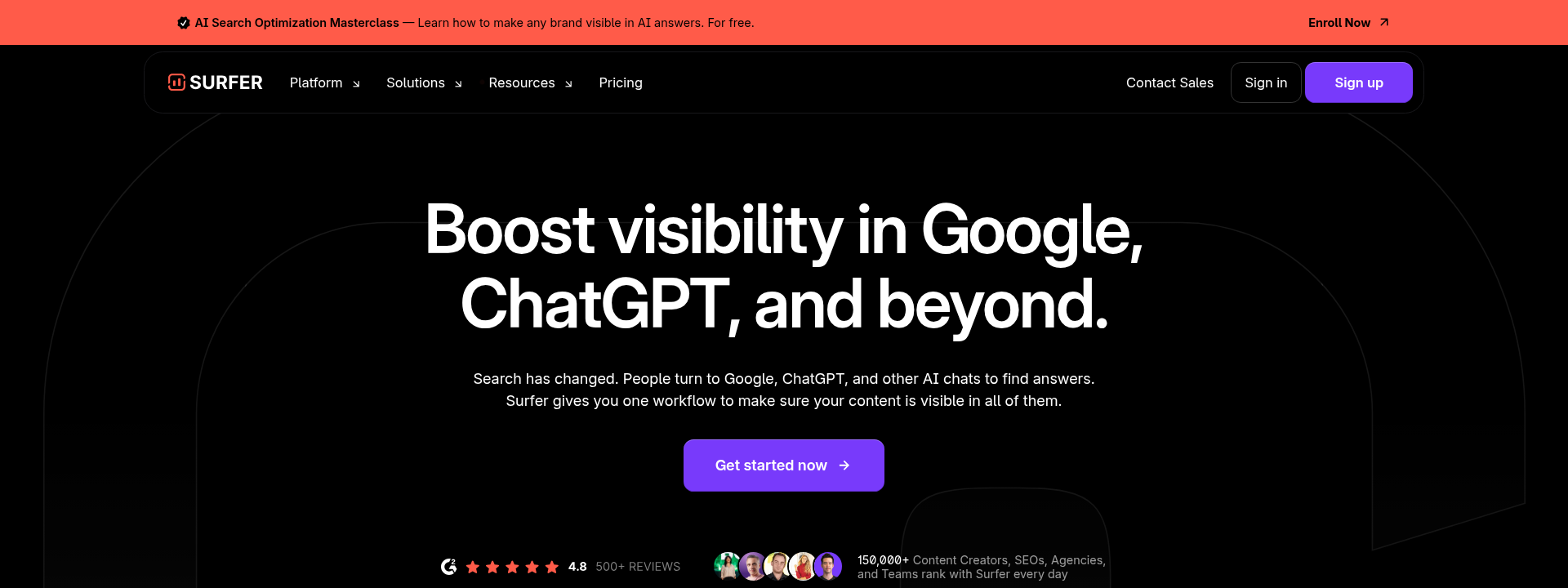 Surfer SEO homepage hero section displaying main information