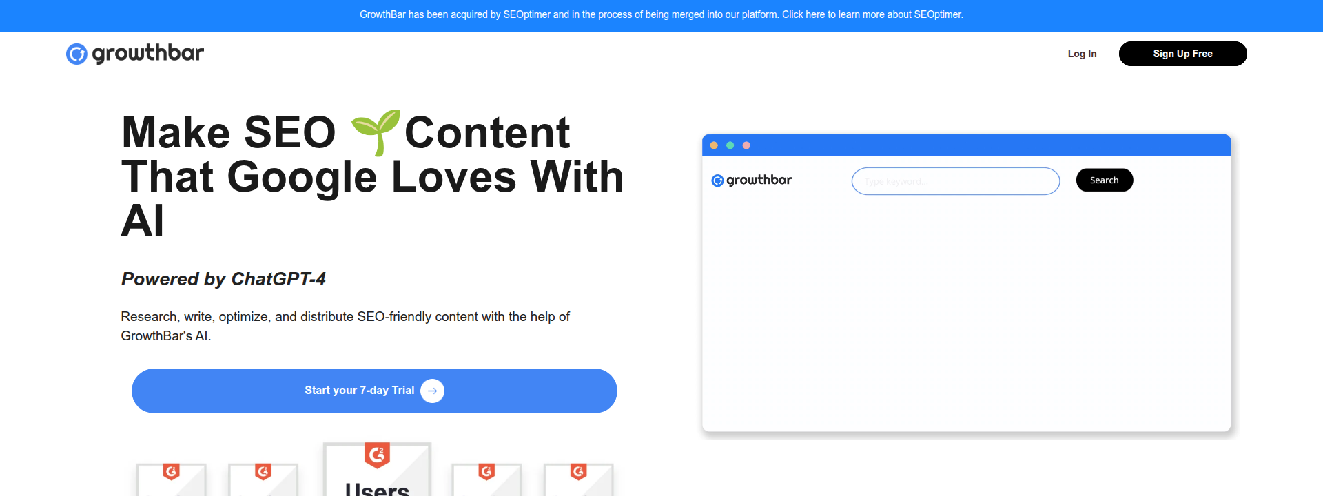 GrowthBar homepage hero section displaying main information