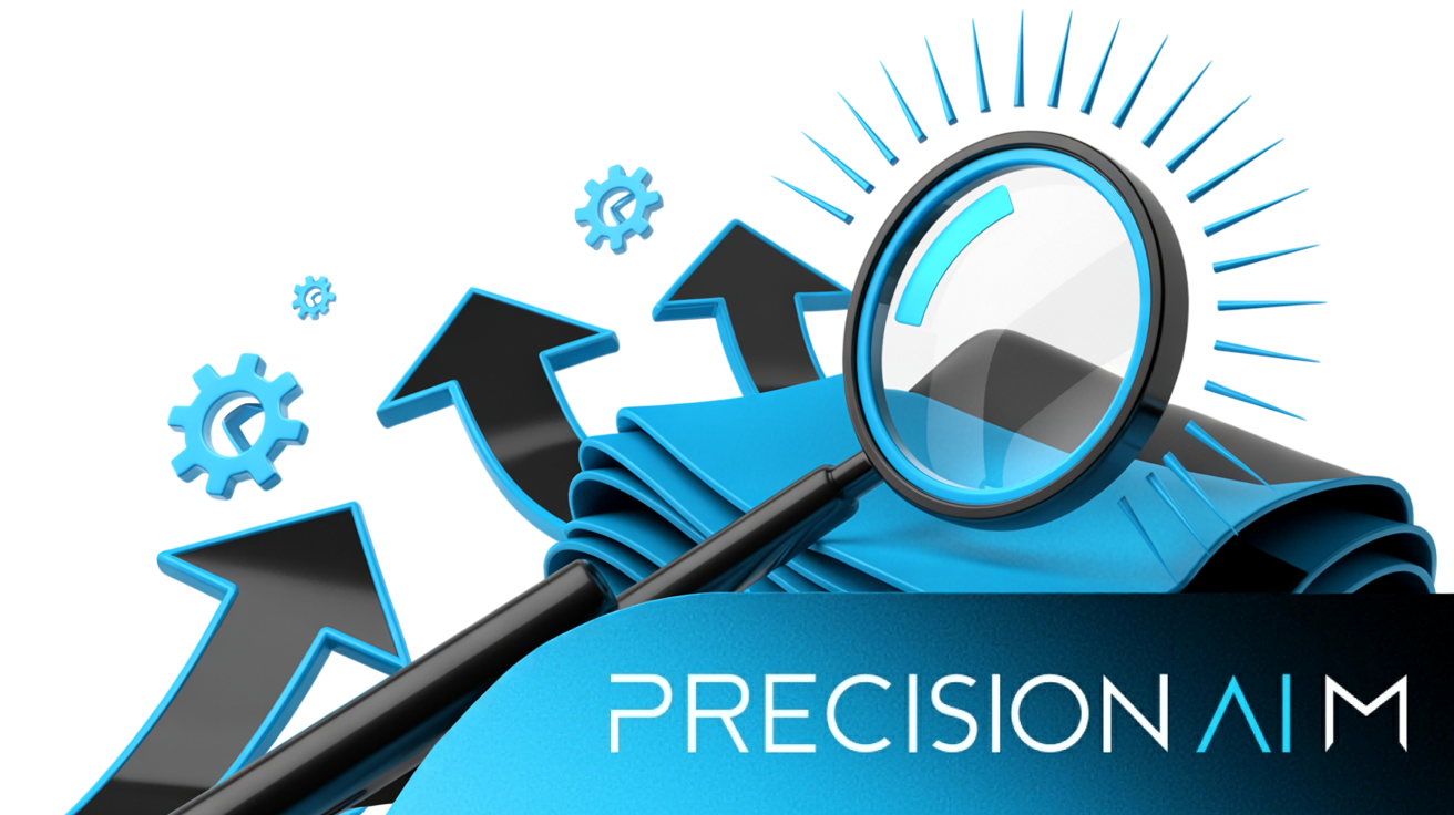 Magnifying glass with blue rim hovering over layered papers, surrounded by glowing arrows, gears, and network icons on white background