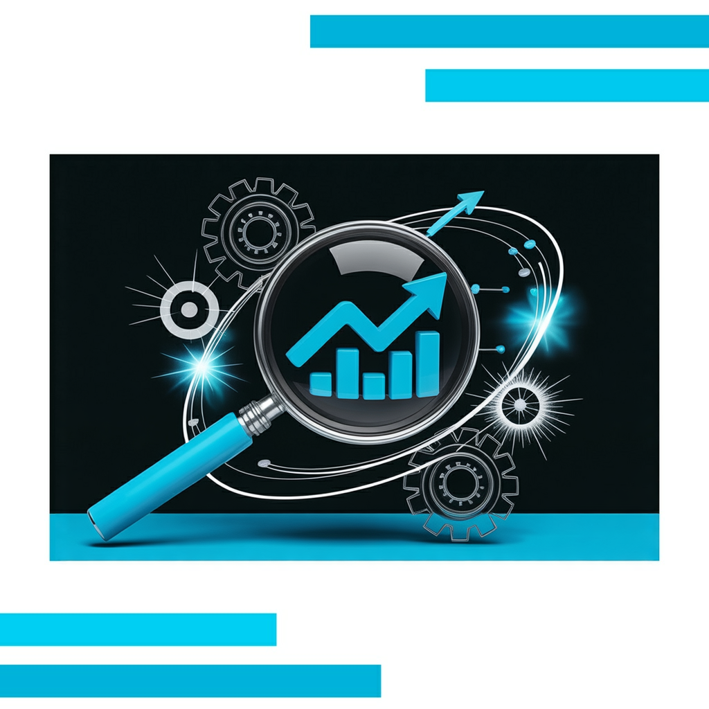 Magnifying glass with blue handle examining vector charts, arrows, gears, and network nodes on a white background