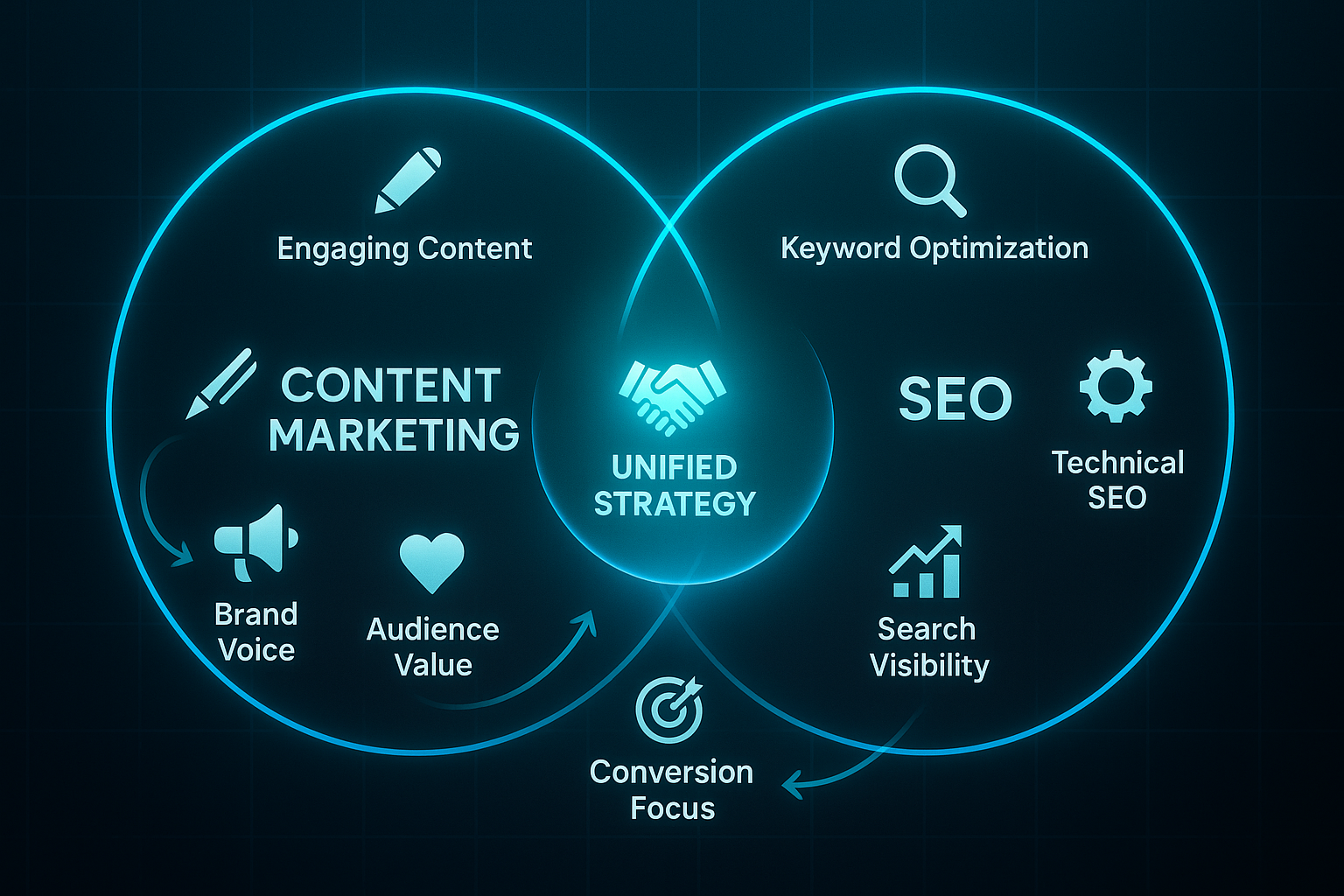 Infographic showing overlapping glassmorphism circles for Content Marketing and SEO, with icons and labels highlighting their integration.