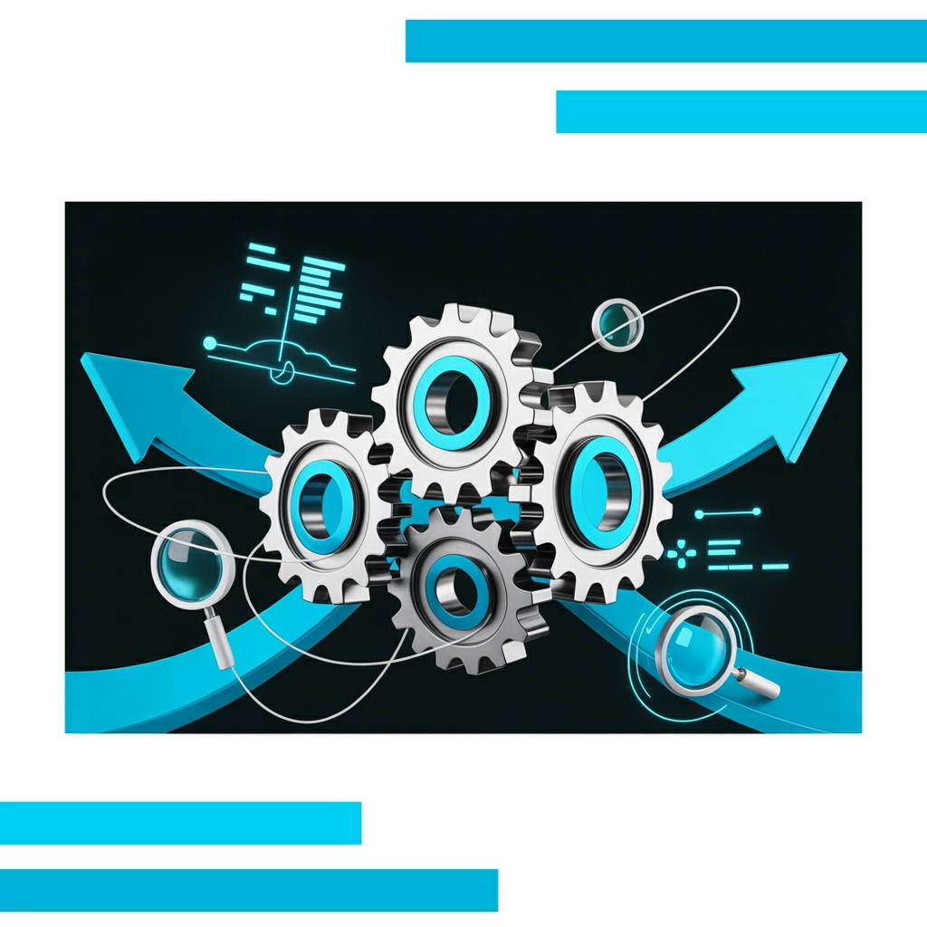 Interlocked metallic gears with turquoise highlights, blue arrows, magnifying glass icons, and glowing data streams on a white background