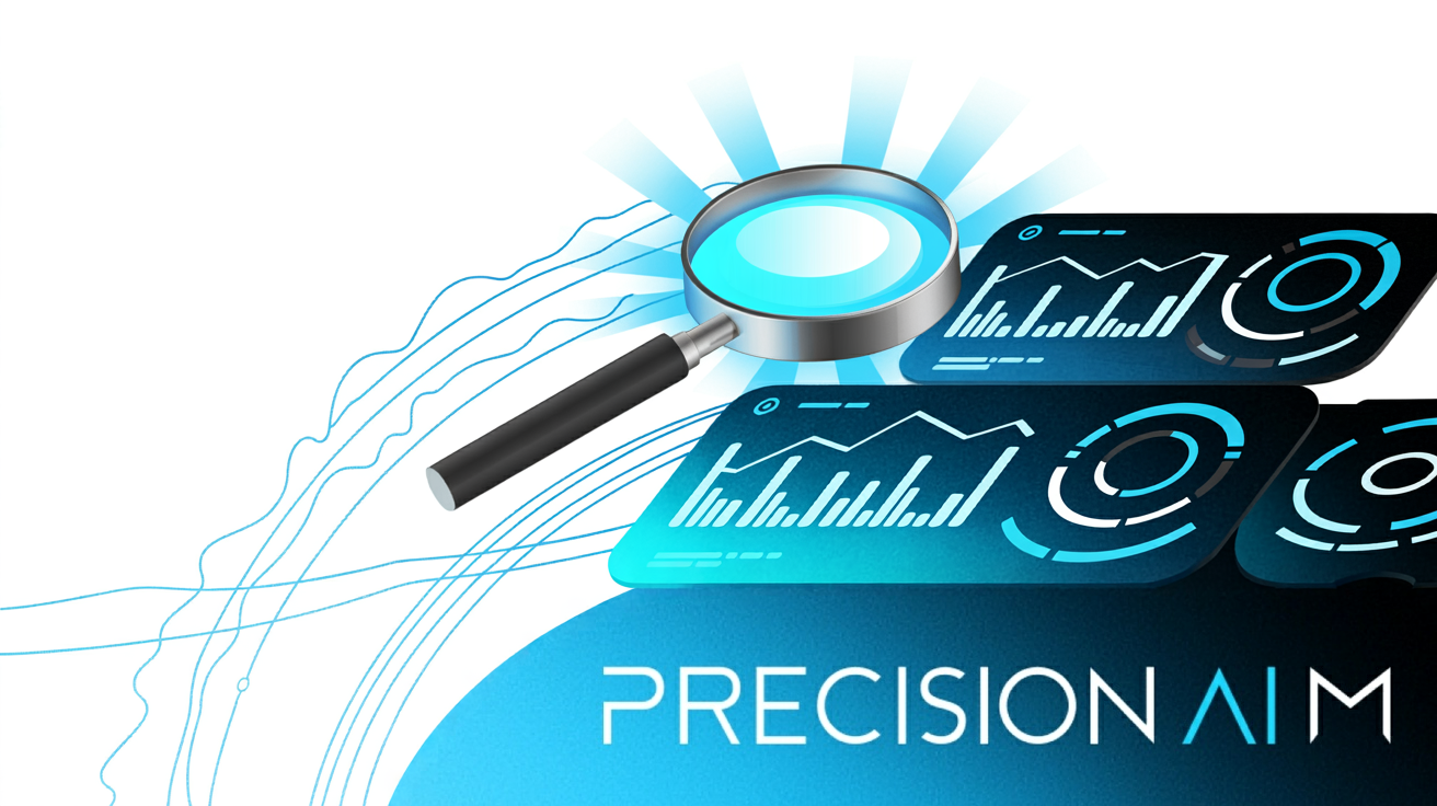 Magnifying glass with cyan lens hovers over digital dashboard panels showing blue and white graphs and charts on white background