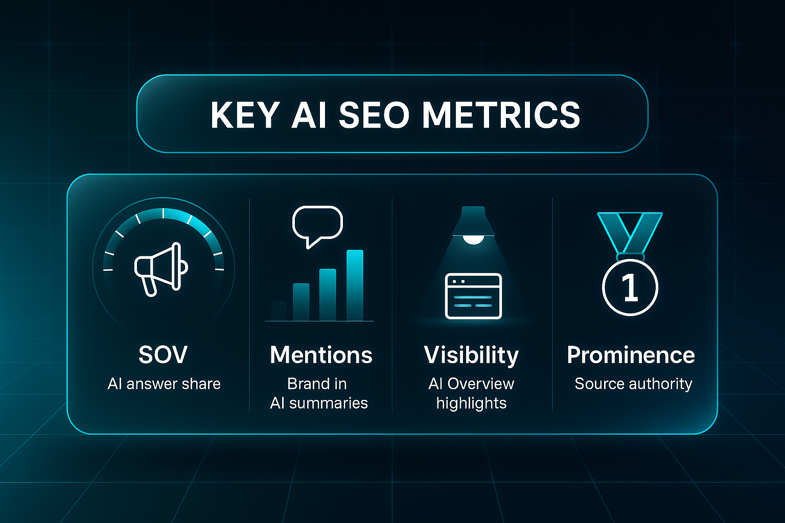 Futuristic AI KPI dashboard infographic with four sections: SOV dial, Mentions bar graph, Visibility spotlight, and Prominence medal.