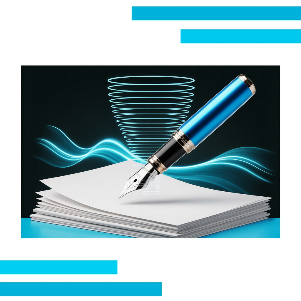 Sleek blue fountain pen hovering above glowing white papers with a magnifying glass and digital blue waves in the background