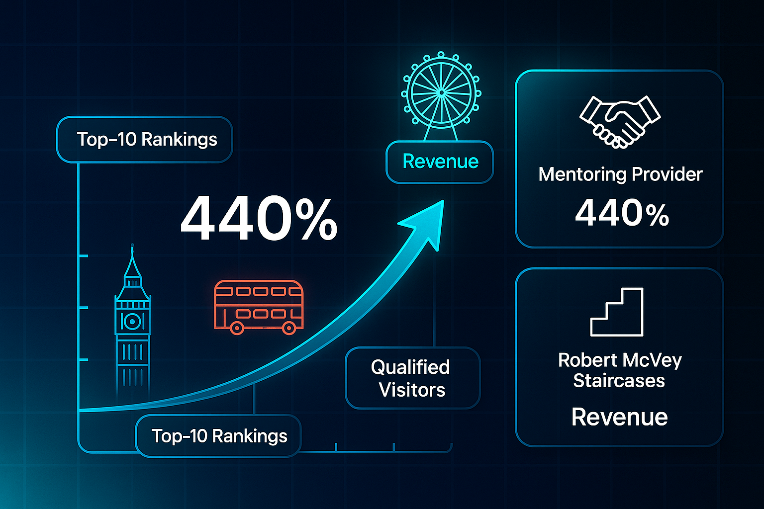 Infographic with a glowing line graph featuring UK landmarks as data points, key stats, and glassmorphic info cards.