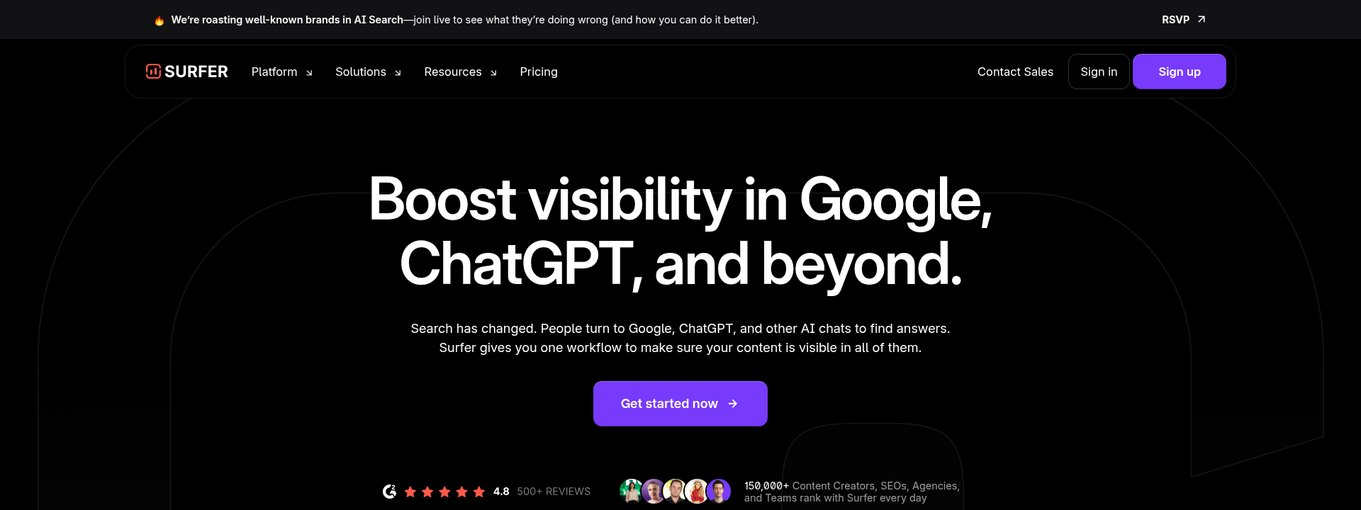 Surfer SEO homepage hero section displaying main information