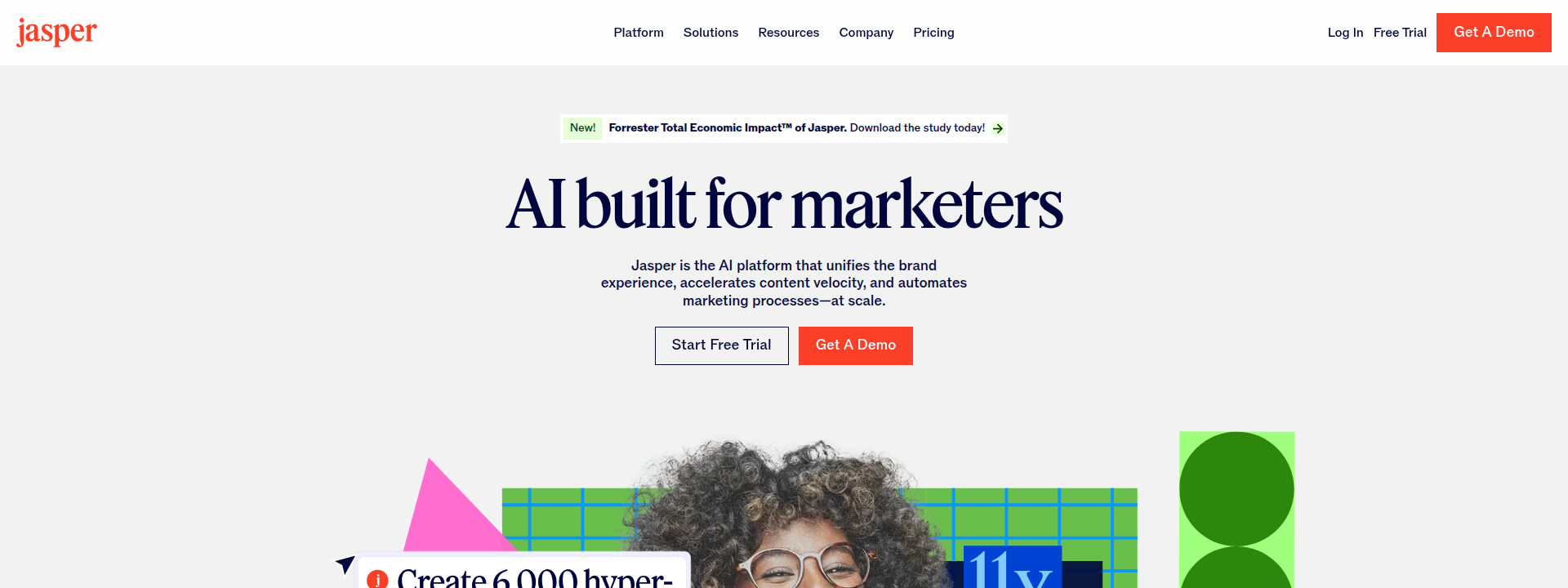 Jasper AI homepage hero section displaying main information