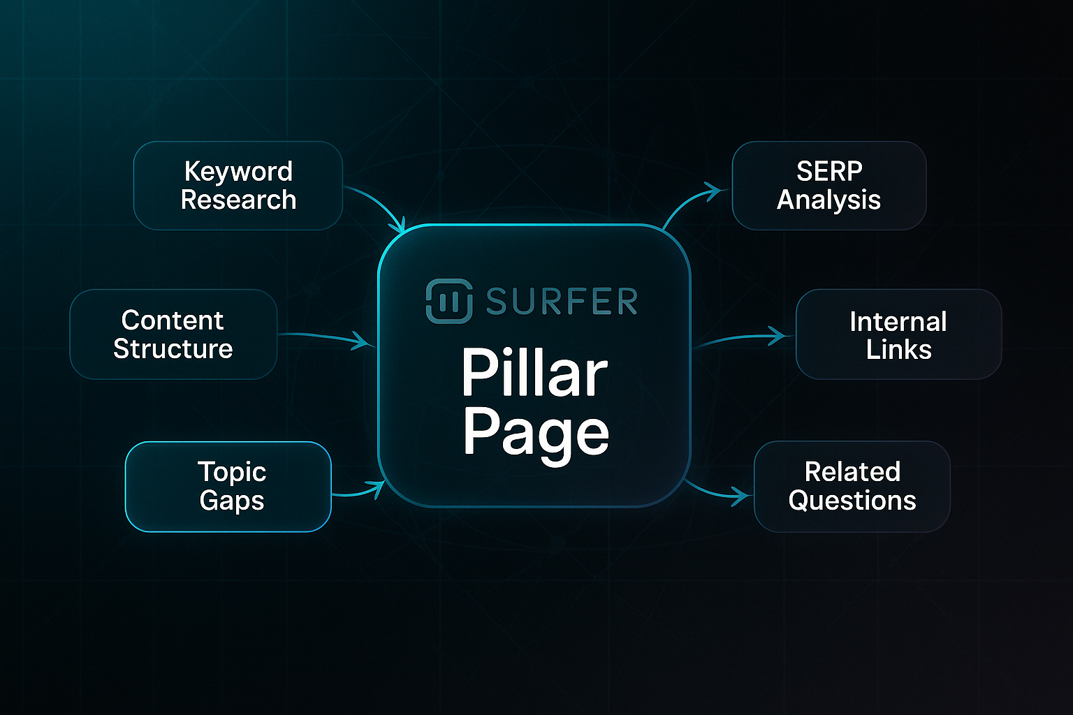 Infographic showing a central "Pillar Page" node with Surfer SEO logo, linked to six labeled subtopic nodes in a tech-themed mind map.