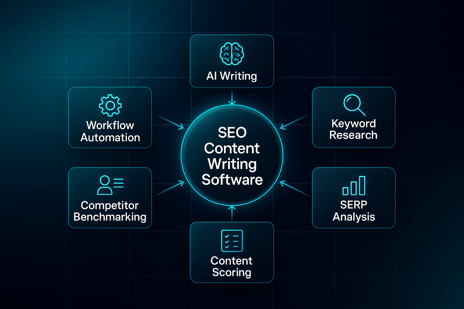Infographic with a central glassmorphic hub labeled 'SEO Content Writing Software' and six feature nodes connected by gradient arrows.