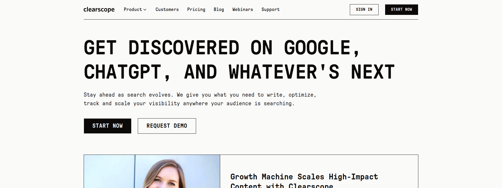 Clearscope homepage hero section displaying main information