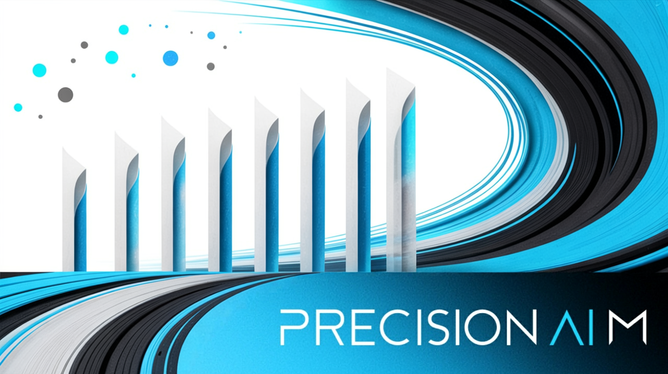 Nine curved white paper columns with blue highlights and upward motion lines merging into a swirling blue and black wave.