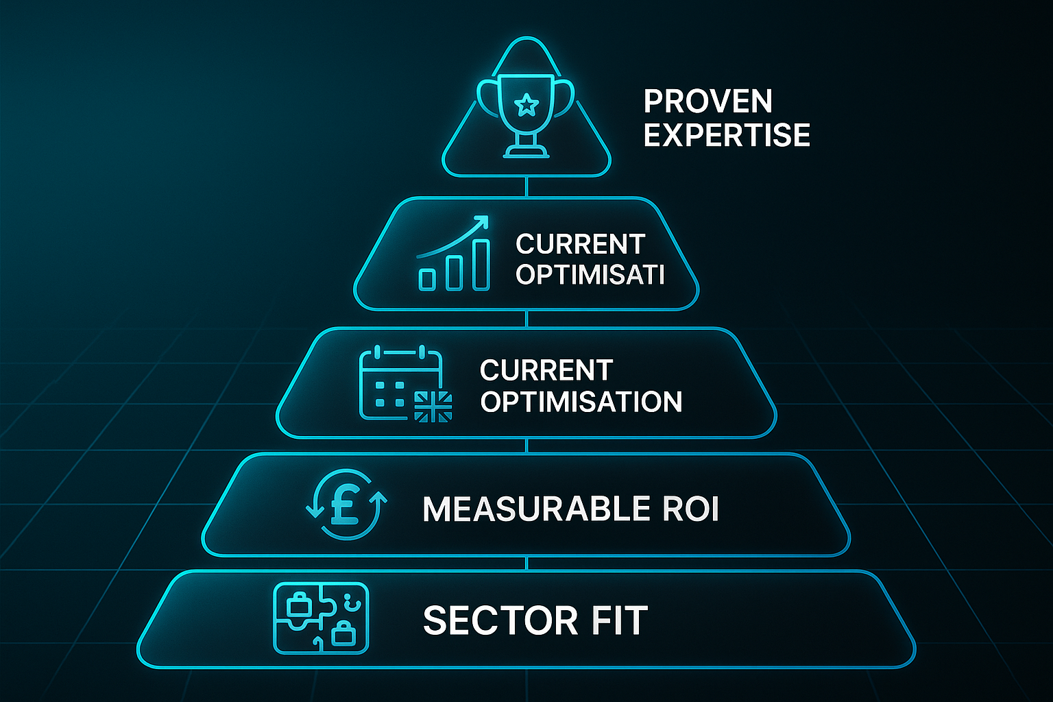 Infographic showing a five-layer pyramid hierarchy with icons and labels on a dark tech-themed background.