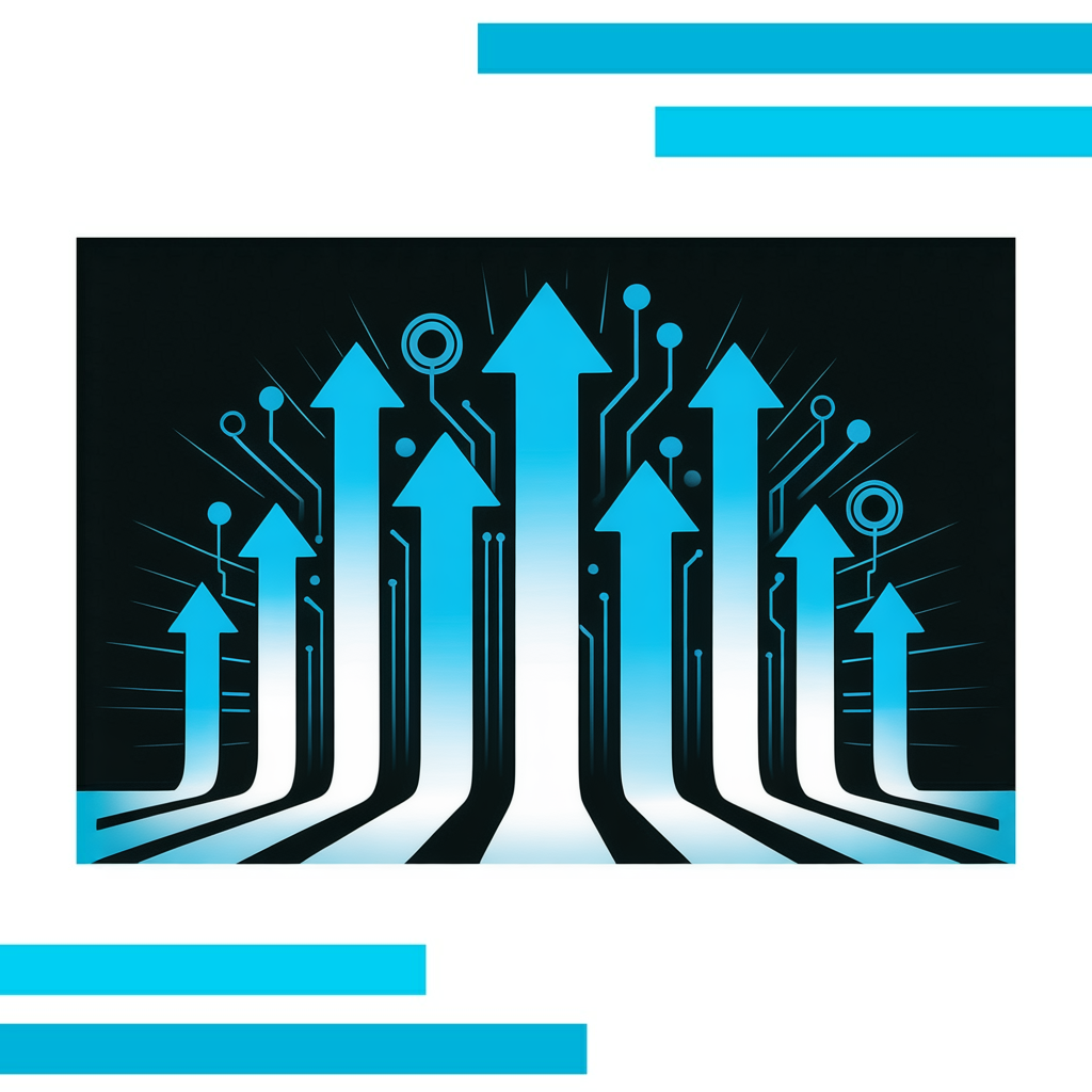 Ten bright blue arrows of varying sizes point upward in an arc, with glowing circuit lines and nodes on a white background.