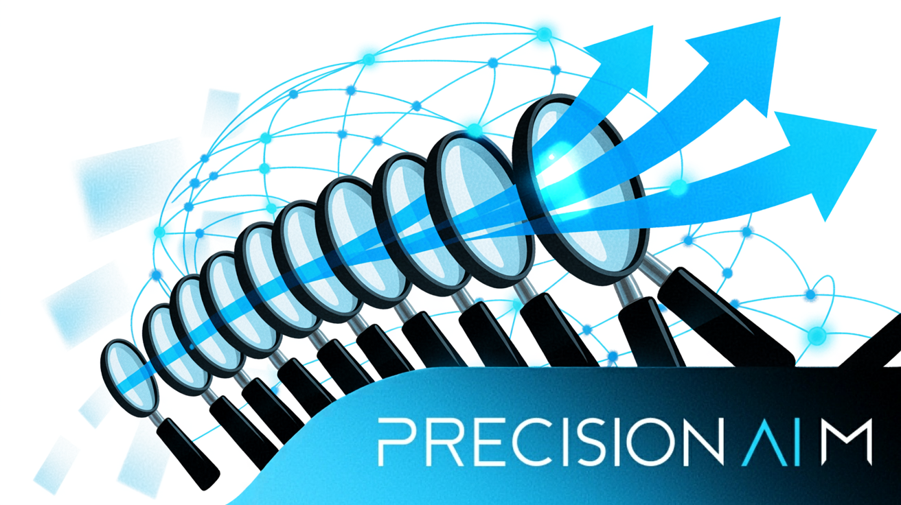 Cluster of overlapping magnifying glasses with blue highlights, swirling above a glowing blue network and upward-flowing arrows.