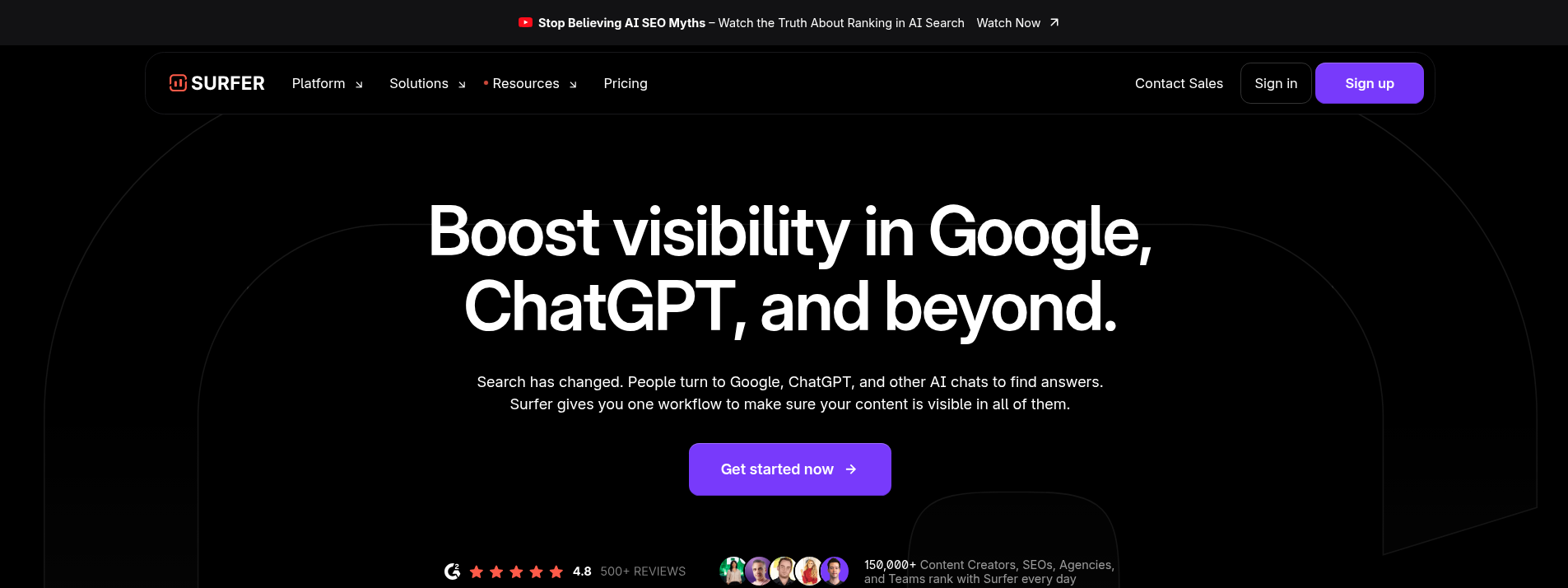 Surfer SEO homepage hero section displaying main information