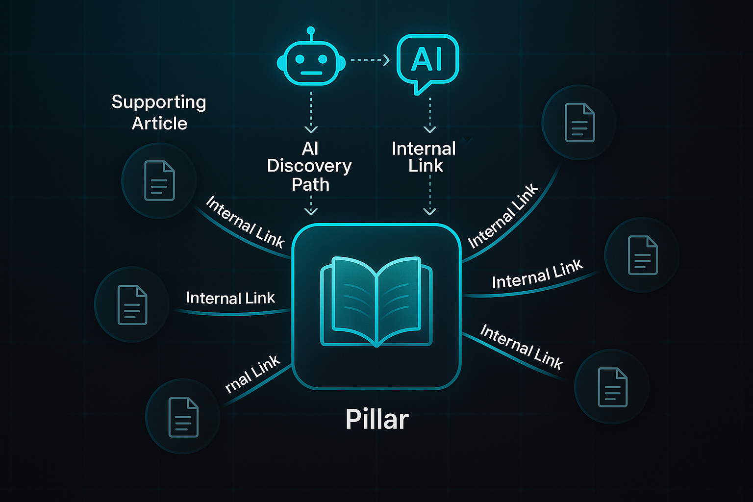 Infographic showing a hub-and-spoke layout with a central book icon labeled "Pillar," six document nodes, and AI icons above.
