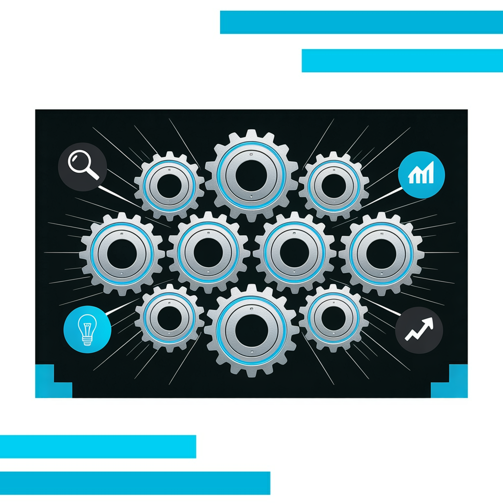 Interlocked metallic gears with blue outlines and luminous lines, surrounded by icons of magnifying glasses, lightbulbs, and arrows