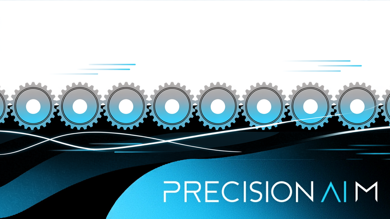 Ten metallic gears with glowing blue centers connected by flowing white lines on a white background with soft shadows.