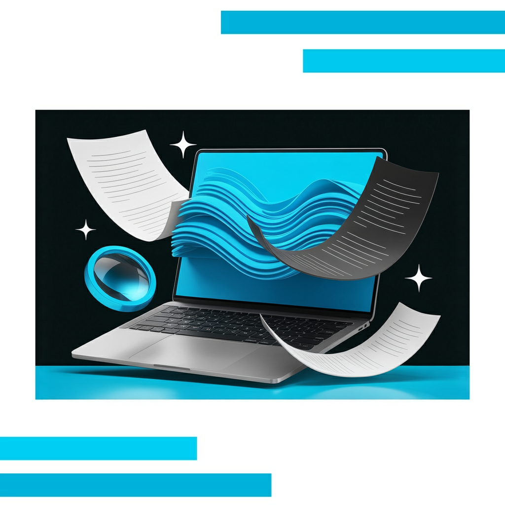 Sleek laptop with glowing blue screen showing abstract waveforms, surrounded by floating papers and a blue magnifying glass.
