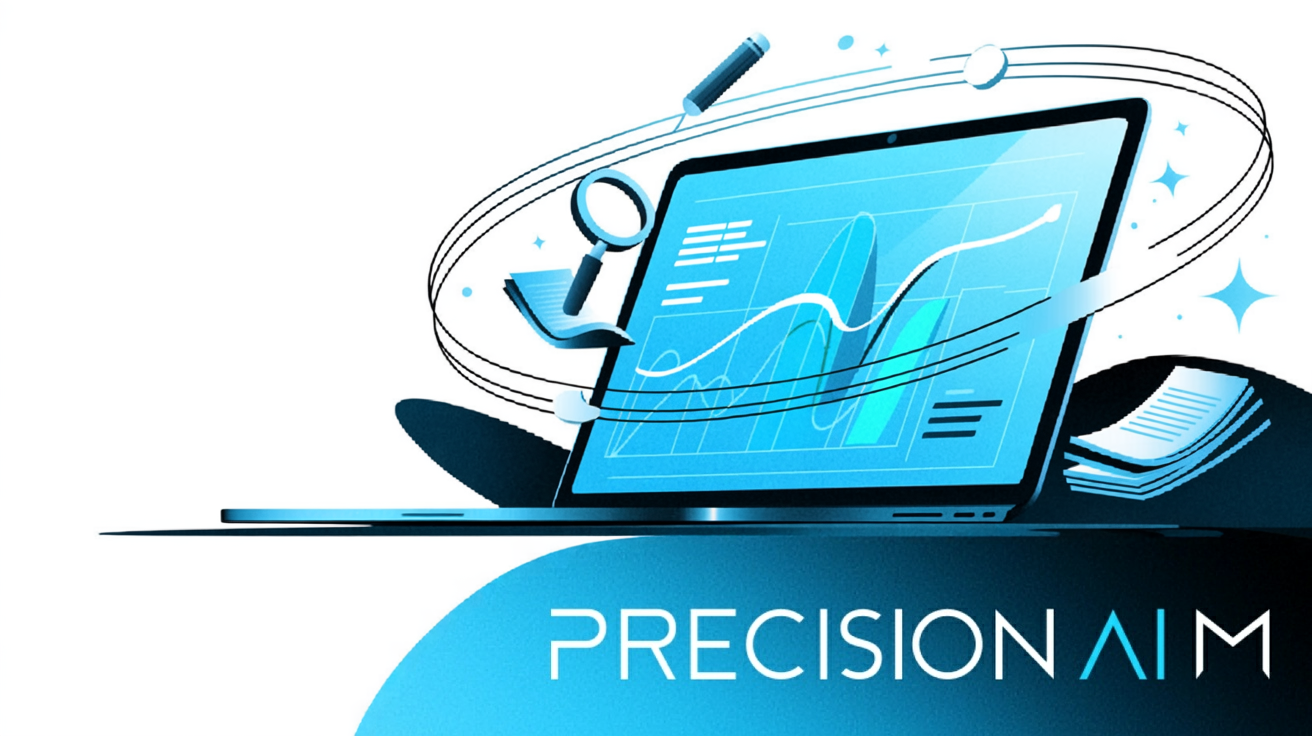 Modern laptop with glowing blue screen showing layered charts, surrounded by floating digital icons and dynamic motion lines