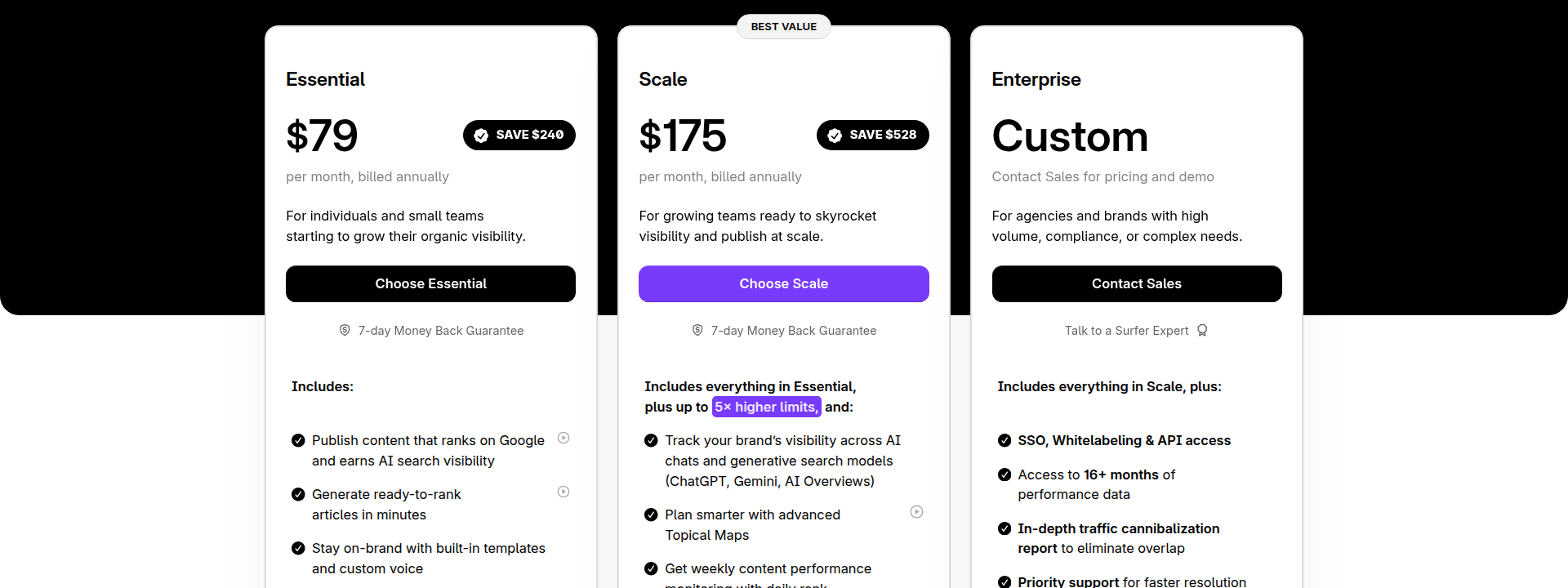 Surfer SEO pricing page displaying pricing information