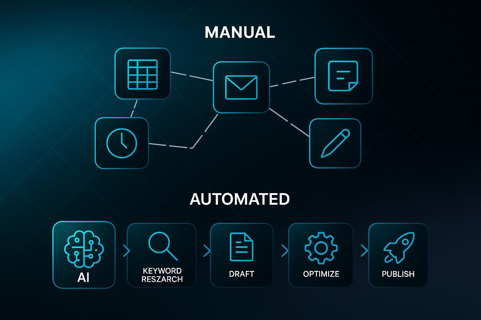 Infographic comparing fragmented manual workflow icons above a unified automated pipeline with AI and publishing symbols on a dark tech background