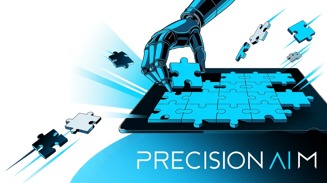 Robotic hand assembling a glowing blue puzzle on a digital tablet, surrounded by floating geometric shapes and light effects