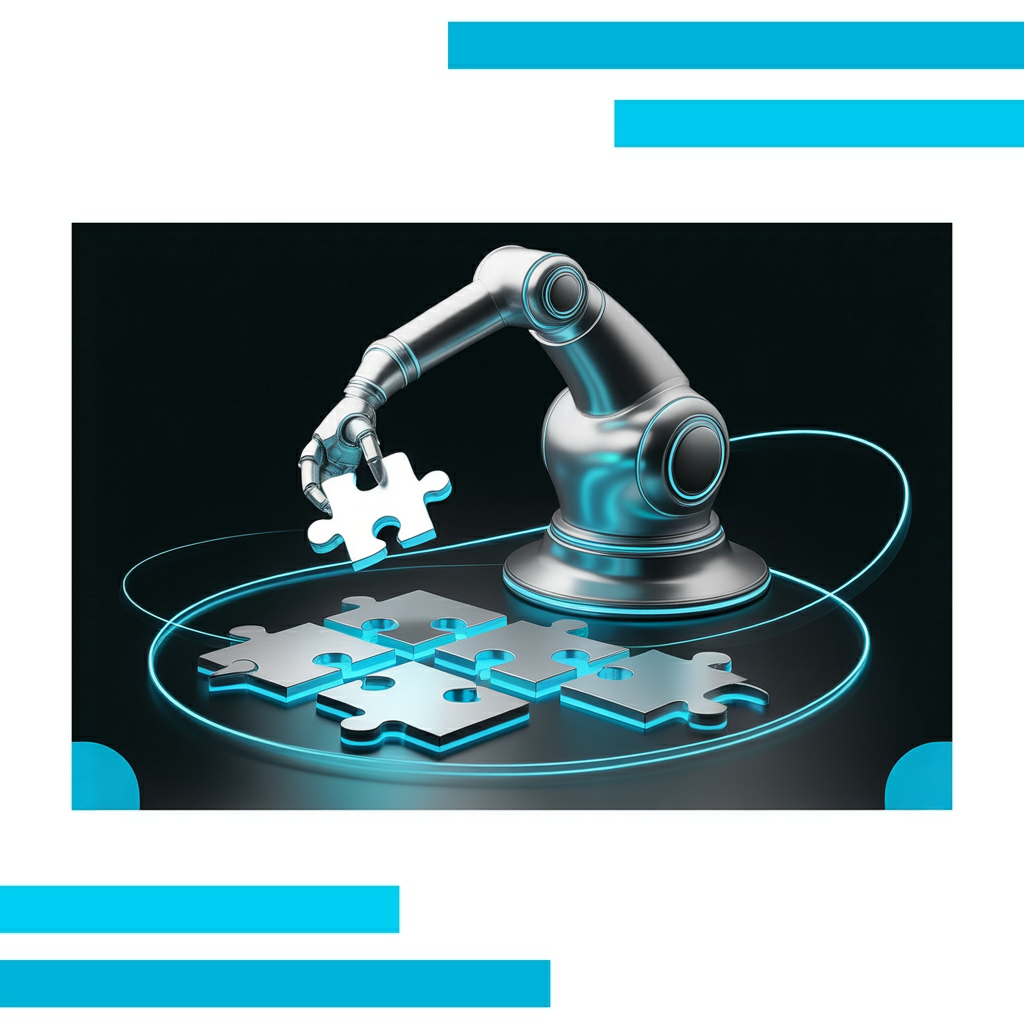 Robotic arm assembling glowing blue and metallic puzzle pieces on a white background with dynamic energy lines