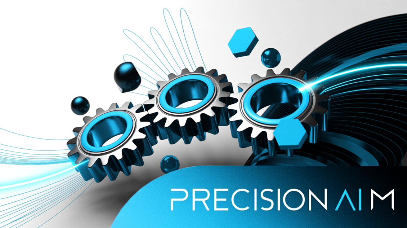 Three interconnected metallic gears with blue highlights and glowing energy arcs, surrounded by dynamic geometric shapes on a white background