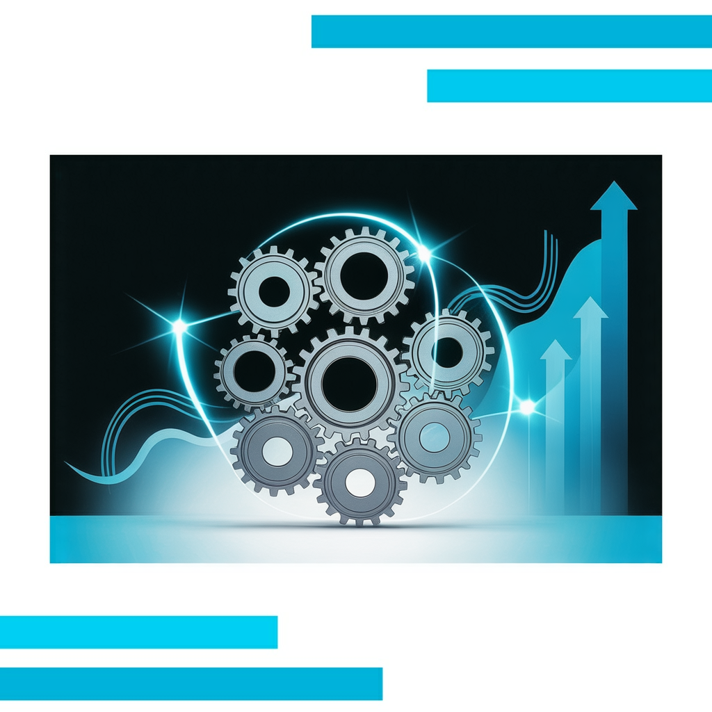 Cluster of metallic gears connected by glowing blue energy lines, with abstract waveforms and upward arrows in the background