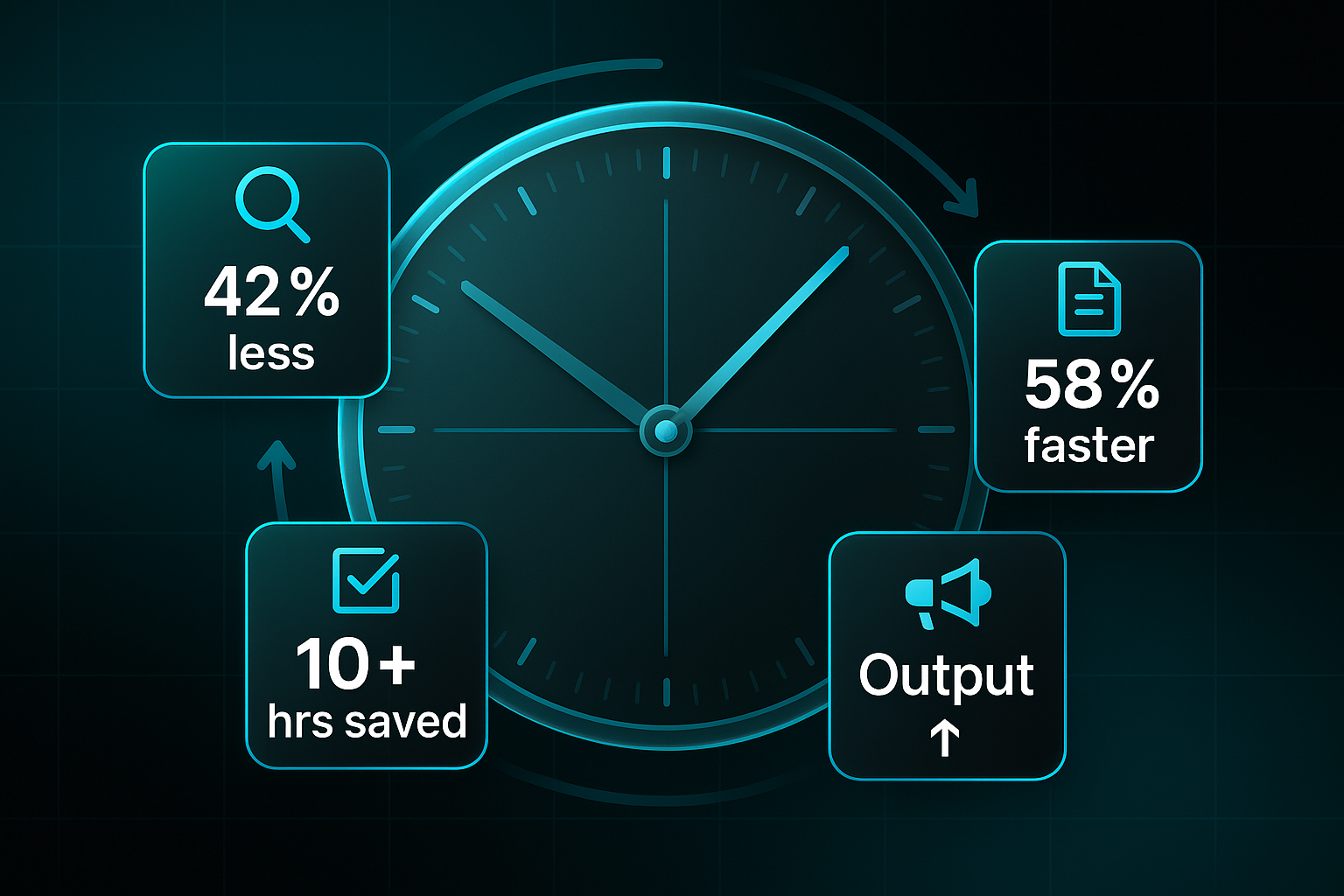 Infographic with a stylized clock split into four segments, each showing icons and labels for time savings and efficiency gains