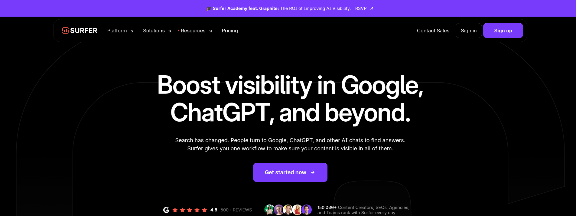 Surfer SEO homepage hero section displaying main information
