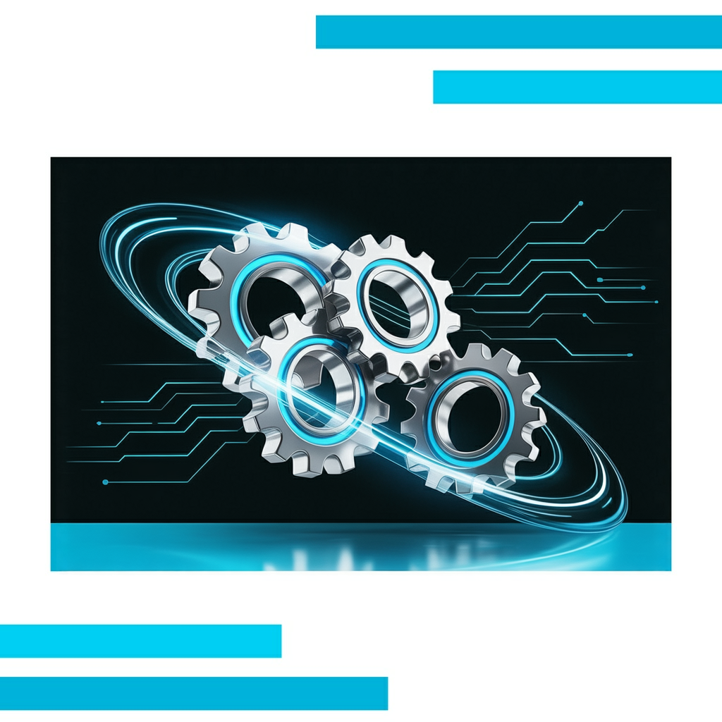 Three interlocked metallic gears with glowing blue edges, surrounded by swirling white data streams and abstract circuit lines.