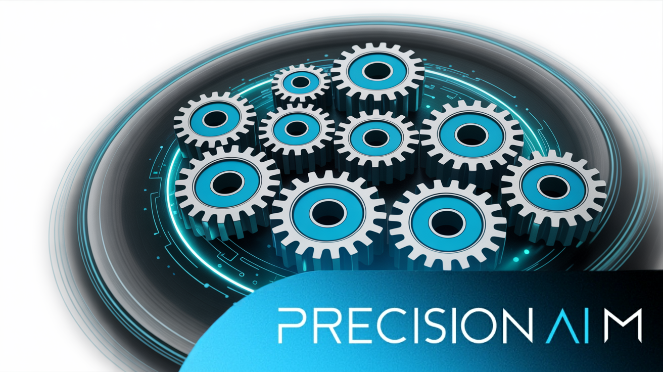 Ten metallic gears of different sizes interlocked in a circle, glowing with turquoise energy and digital circuit patterns.