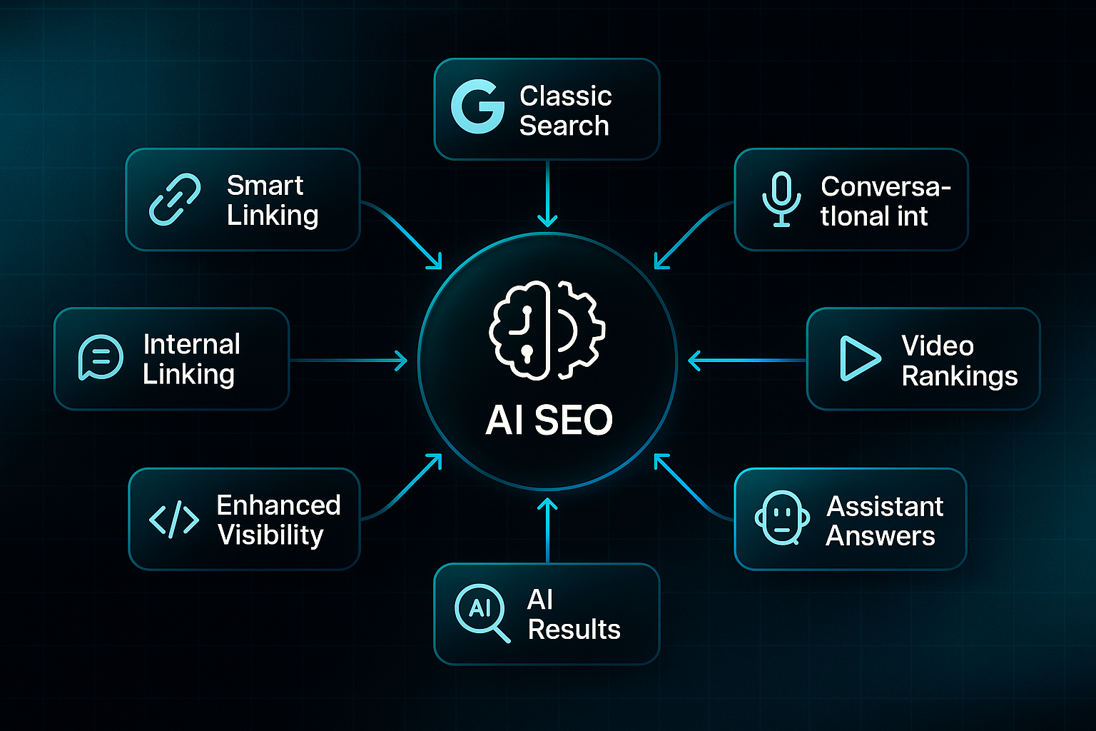 Infographic showing a central AI SEO circle with brain-gear icon, seven labeled spokes, and highlighted AI Assistants and AI Search sections