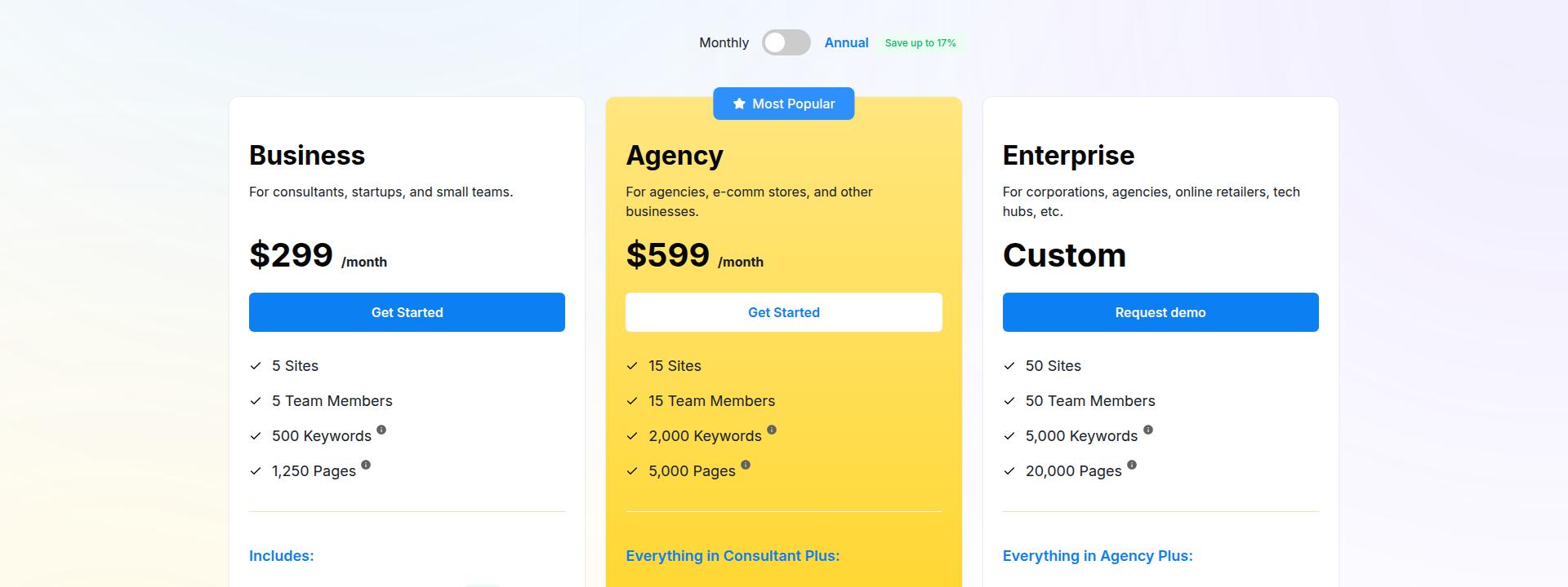 Alli AI pricing page displaying their pricing information