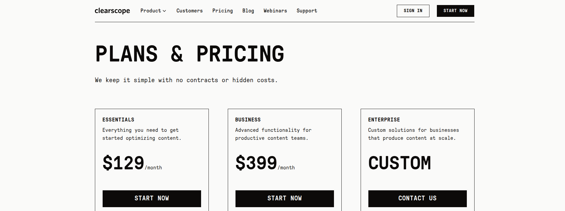 Clearscope pricing page displaying pricing information