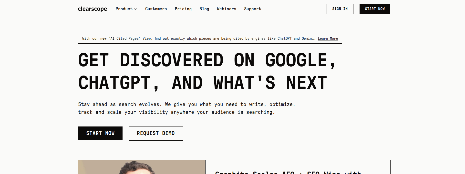 Clearscope homepage hero section displaying main information