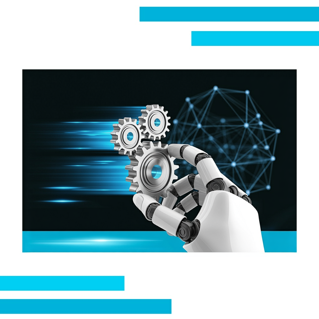 Robotic hand assembling metallic gears with blue and white data streams, glowing accents, and shadowy network nodes in the background