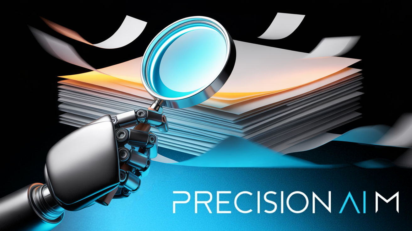 Metallic robot hand holding a glowing blue magnifying glass over layered paper sheets with light and shadow effects