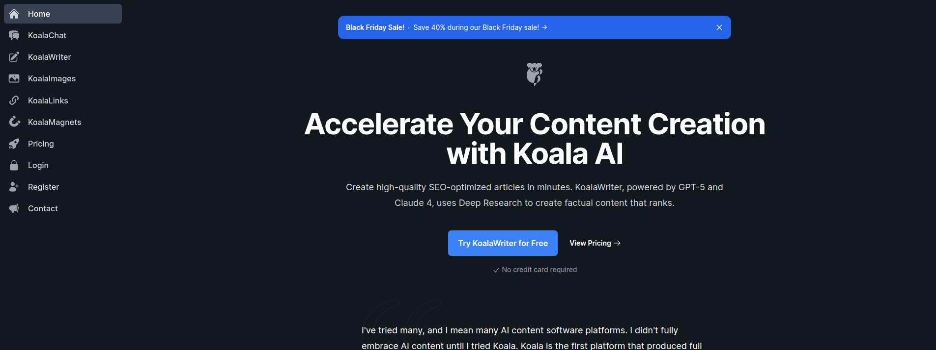 Koala AI homepage hero section displaying main information