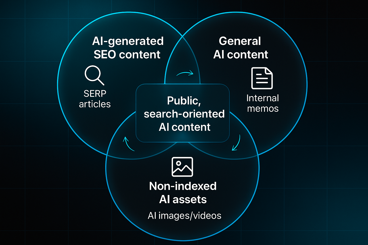 Infographic showing a Venn diagram of AI-generated SEO content, general AI content, and non-indexed AI assets with labeled icons.